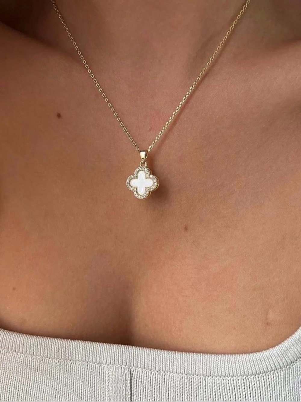 Reversible Black & White Clover Pendant Necklace w/ Diamond Accents